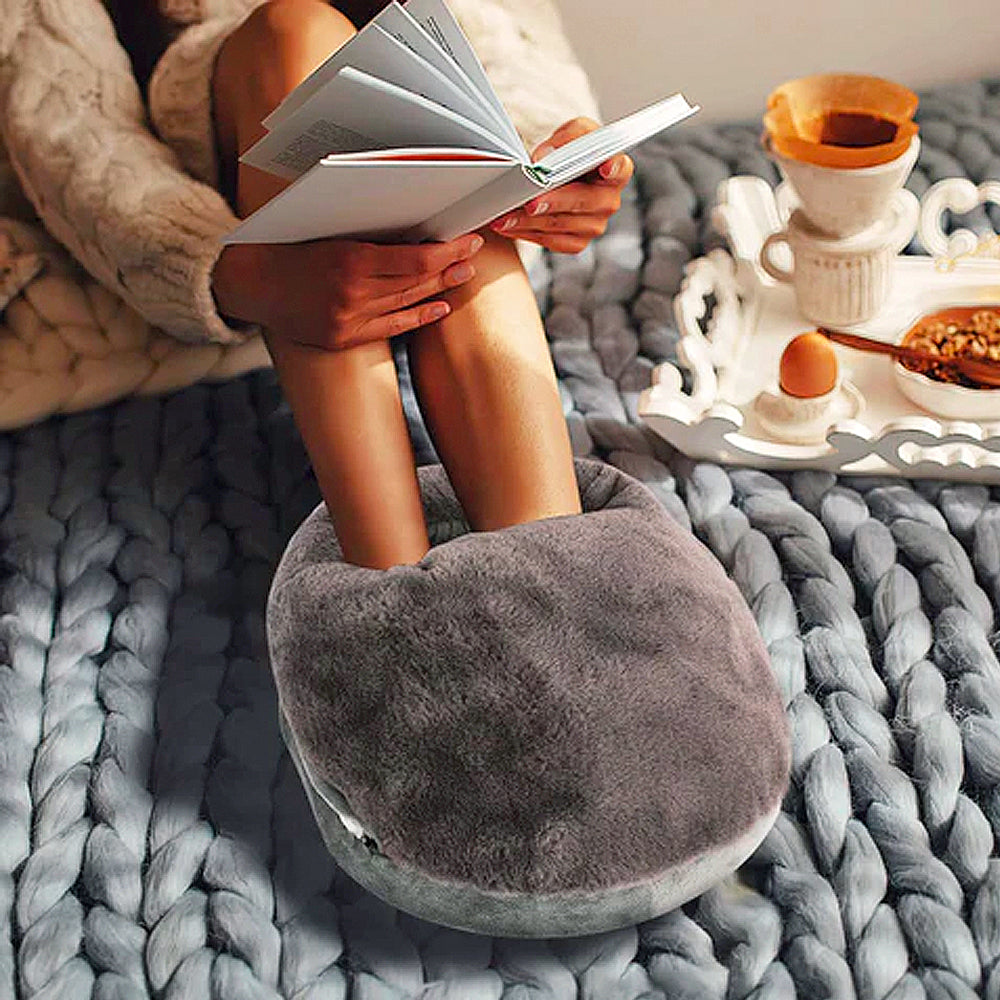 XL electric heated foot warmer with grey plush oval cover